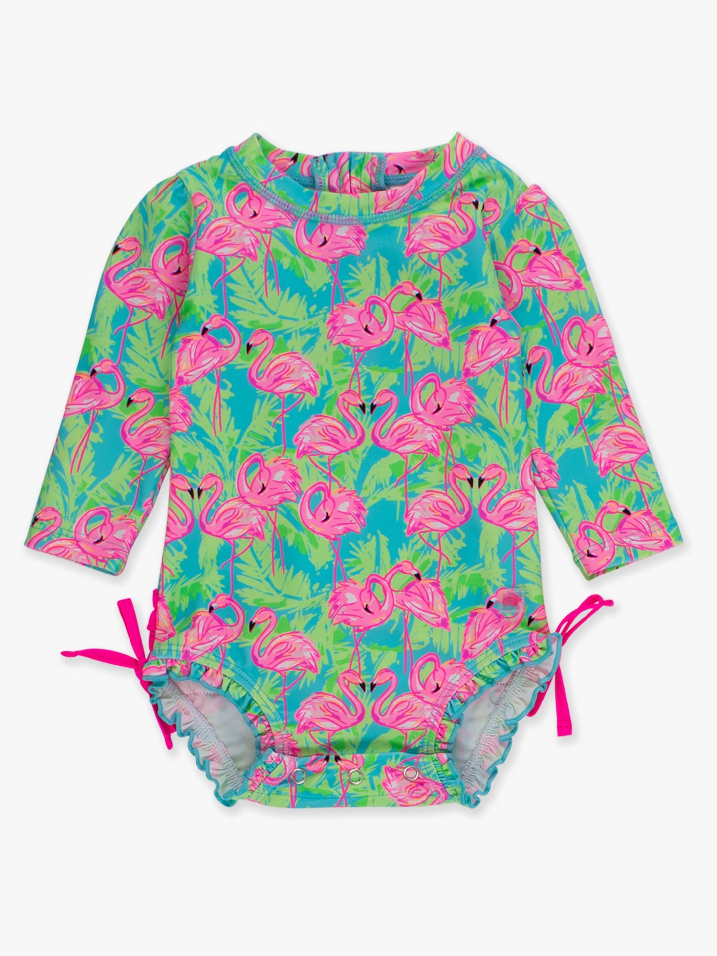 Neon Flamingo Fun Long Sleeve One Piece Rash Guard Swimsuit