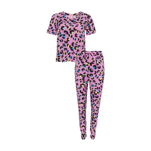 Posh Peanut - Women's Short Sleeve Scoop Neck & Jogger Pajama - Electric Leopard