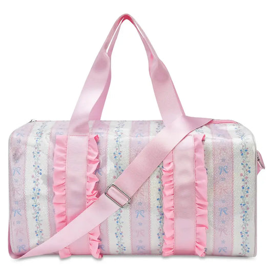 Iscream Floral Stripes Duffle Bag with colorful floral and striped pattern, spacious design, and sturdy handles for travel or gym use.