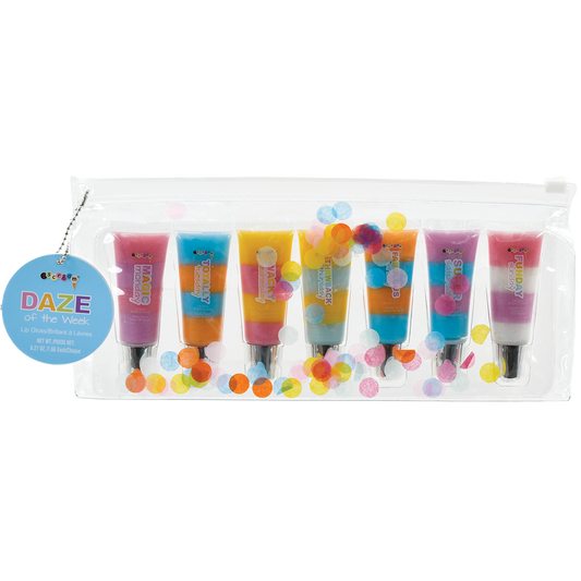 Iscream Days of the Week Lip Gloss Set featuring colorful glosses labeled for each day of the week in a playful design.