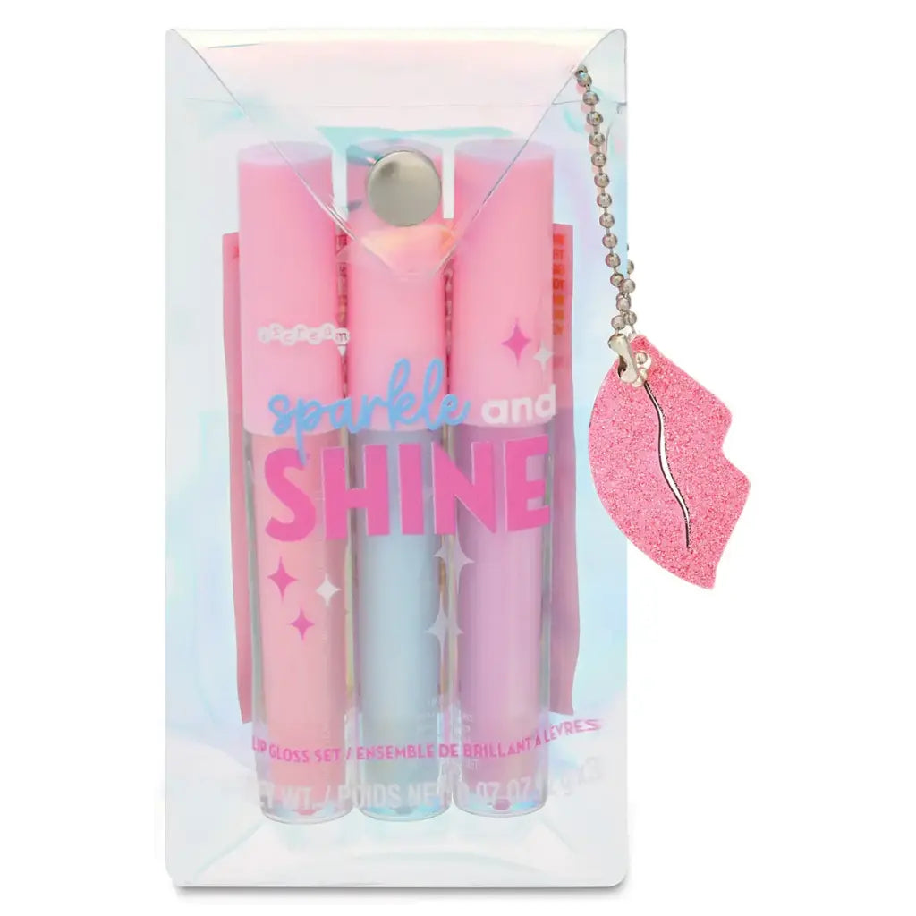 Iscream Sparkle and Shine Lip Gloss Set featuring shimmering, colorful lip glosses in clear containers with applicators.