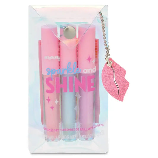 Iscream Sparkle and Shine Lip Gloss Set featuring shimmering, colorful lip glosses in clear containers with applicators.