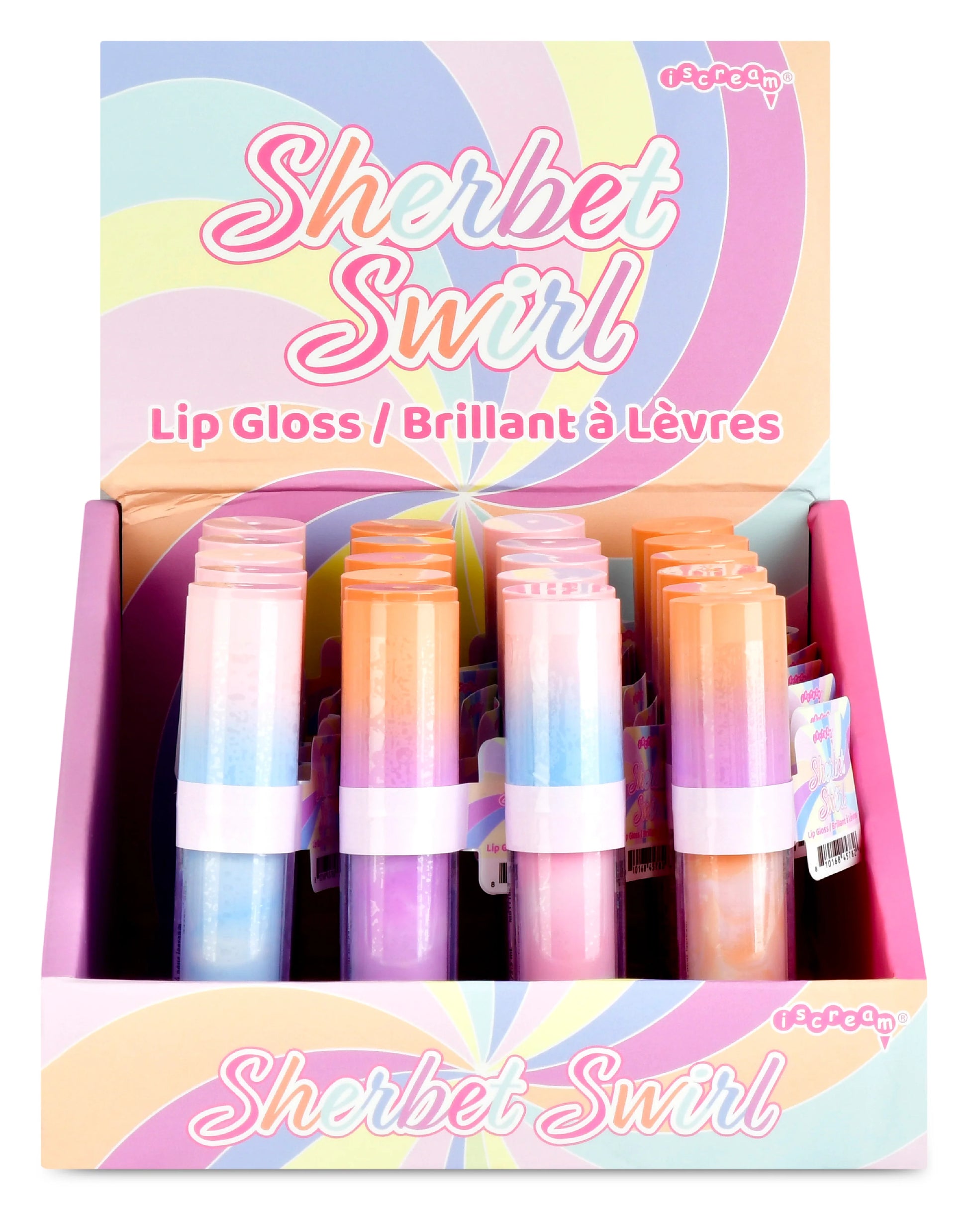 Iscream Sherbet Swirl Lip Gloss tube with a clear cap and colorful swirl design, showcasing vibrant, glossy lip gloss inside.