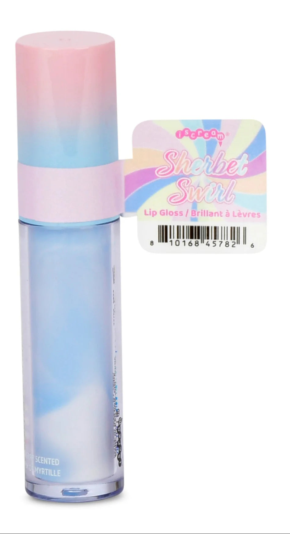 Iscream Sherbet Swirl Lip Gloss tubes showing vibrant, colorful swirled lip gloss inside clear containers.