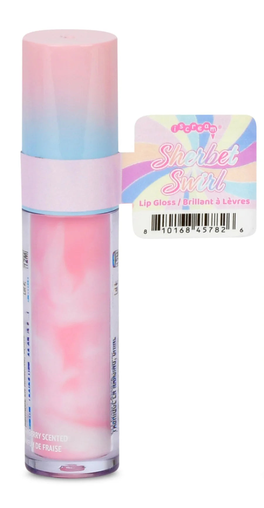 Iscream Sherbet Swirl Lip Gloss tubes with colorful, swirling design and glossy finish, showcasing vibrant lip gloss containers.