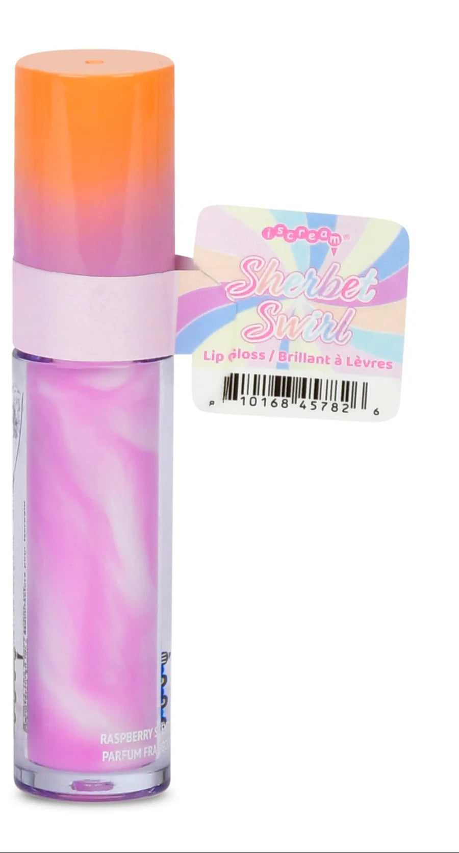 Iscream Sherbet Swirl Lip Gloss tubes showing vibrant, swirling pastel colors and glossy finish in clear packaging.