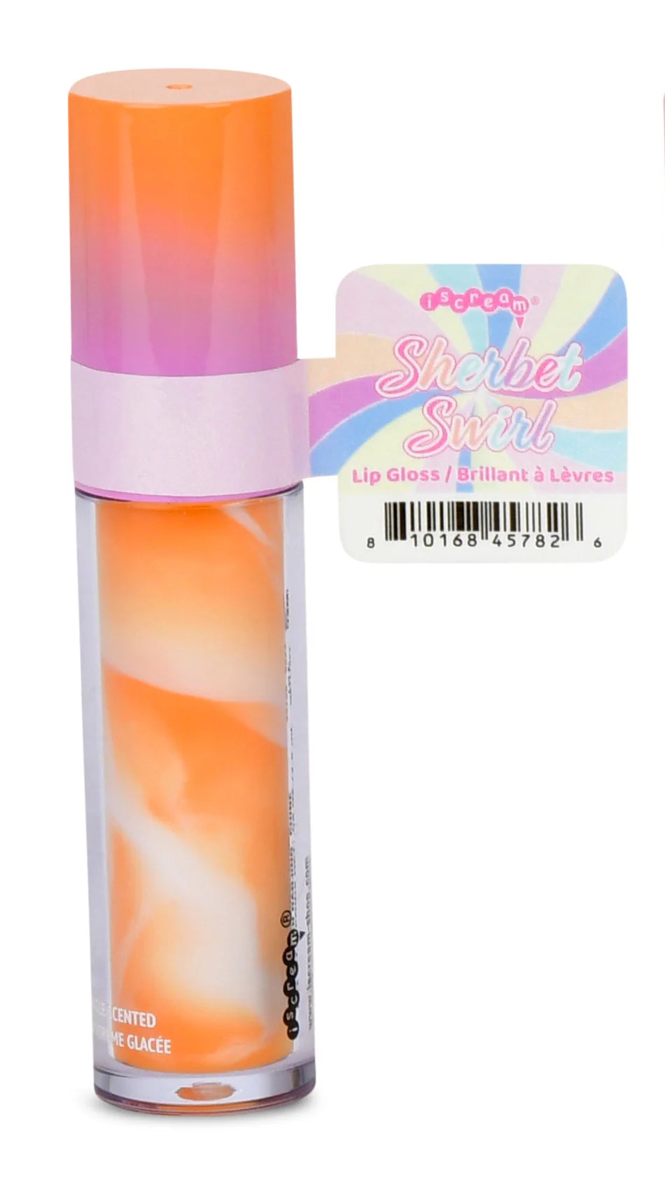 Iscream Sherbet Swirl Lip Gloss tubes showing vibrant, swirled pastel colors in clear packaging.