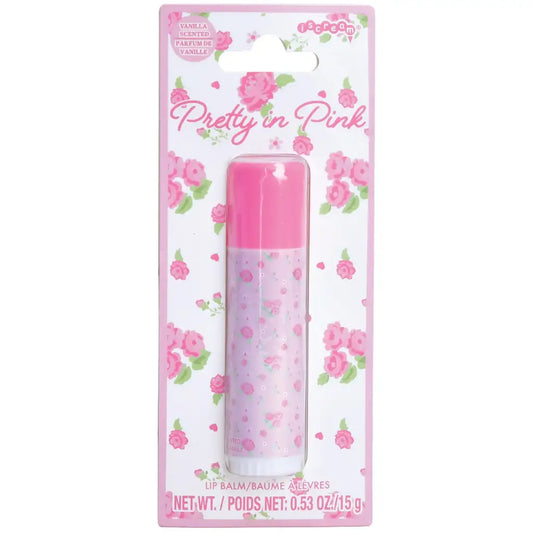 Iscream Pretty in Pink Lip Balm tube with pink packaging, showcasing a smooth, moisturizing lip balm product.