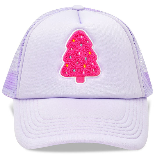 Colorful holiday tree trucker hat for kids from Iscream, featuring festive winter design and adjustable snapback closure.