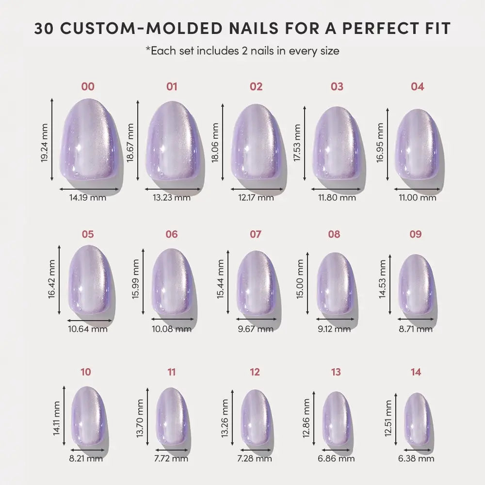 Glamnetic Mermaid's Tail Press-On Nails in short oval shape with purple iridescent finish, showcasing their glossy, shimmering surface.
