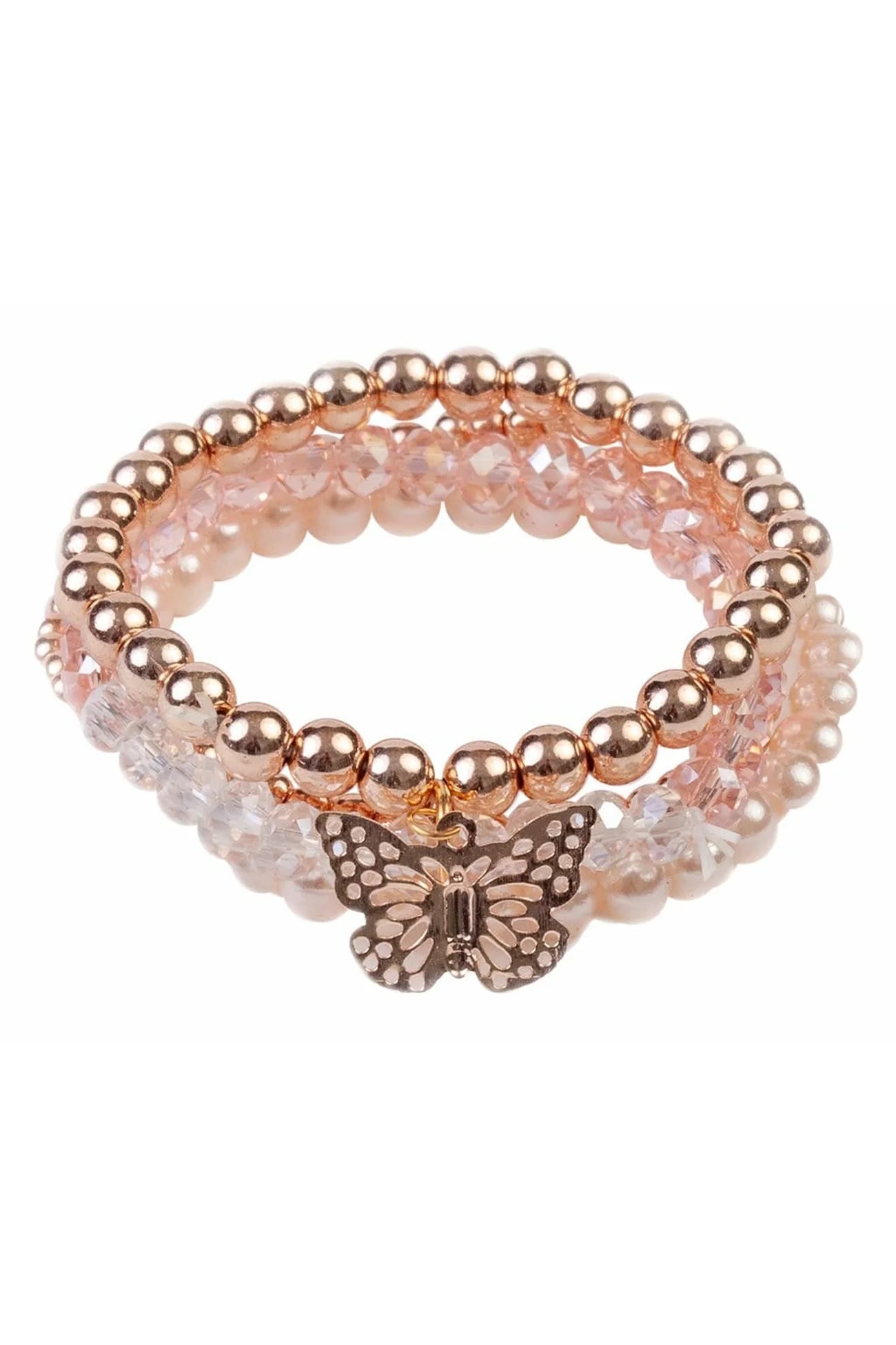 Great Pretenders Blush Crush Bracelet Set featuring multiple pink and blush-colored bangles and charms on a white background.