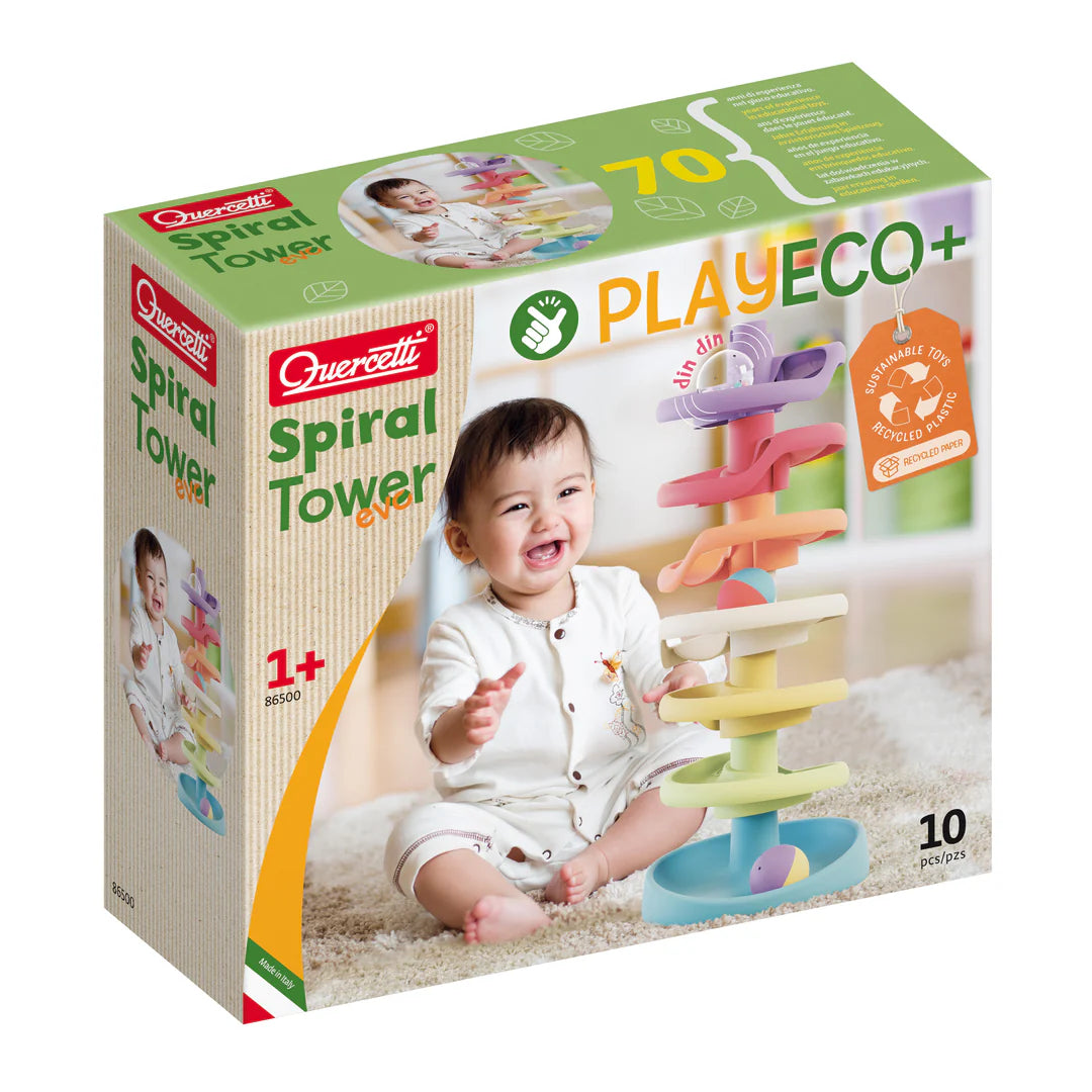Colorful Quercetti Spiral Tower Toy with interconnected plastic spirals and balls for children’s educational play and motor skills development.