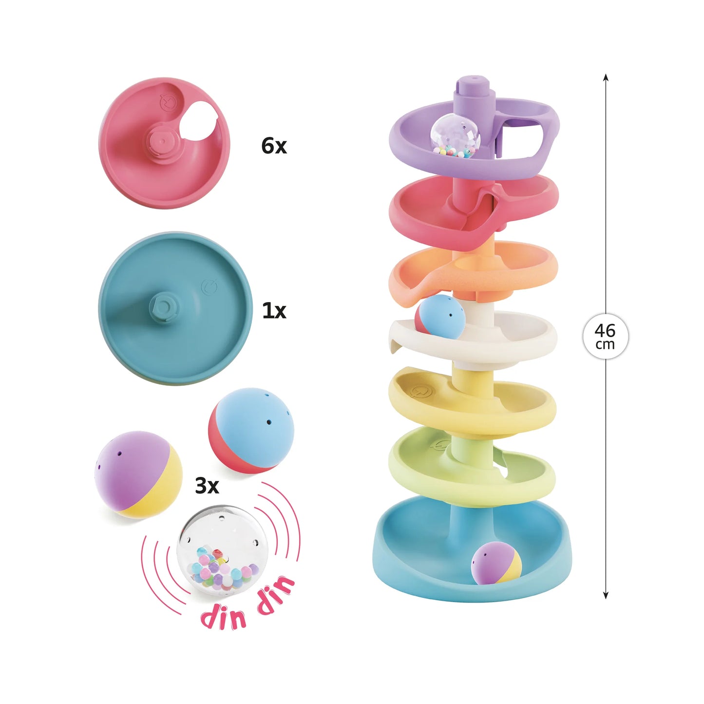 Colorful Quercetti Spiral Tower Toy with interconnected plastic tubes and balls on a white background.