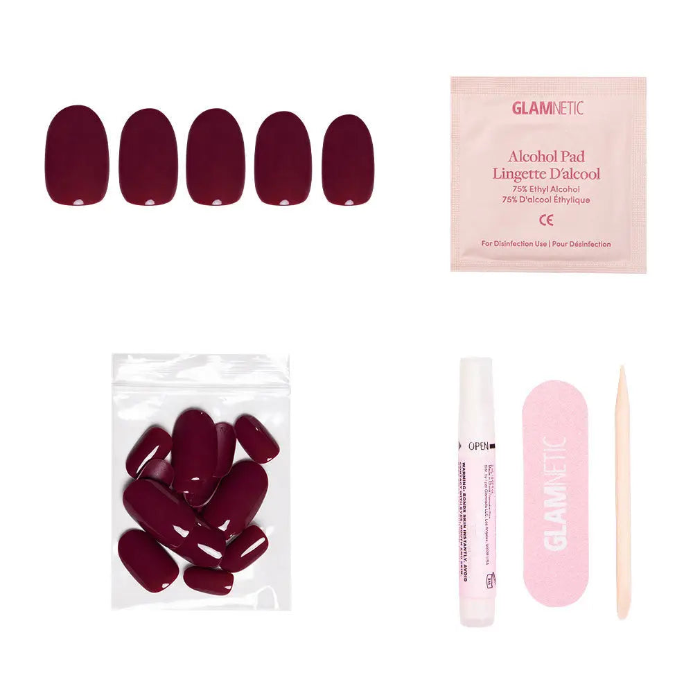 Glamnetic Berry Maroon Press-On Nails with glossy finish and almond shape, styled on natural nails for a chic look