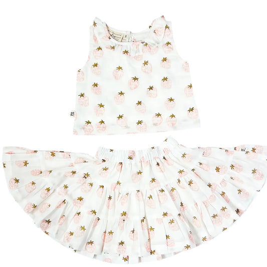 Eight Thousand Miles strawberry ruffle collared top and skirt set, featuring a feminine design with ruffles and floral details.
