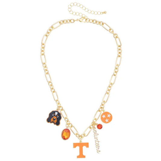 Tennessee Vols Gameday Charm Necklace with orange and white beads and team logo pendant, stylish accessory for game day.