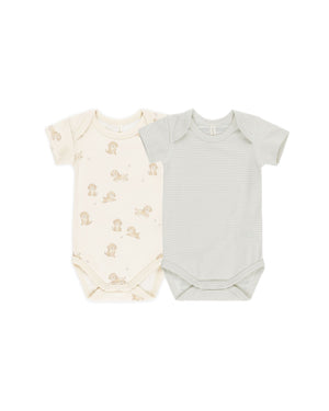 Quincy Mae - Puppies/Sky Micro Stripe Short Sleeve Bodysuit 2 Pack