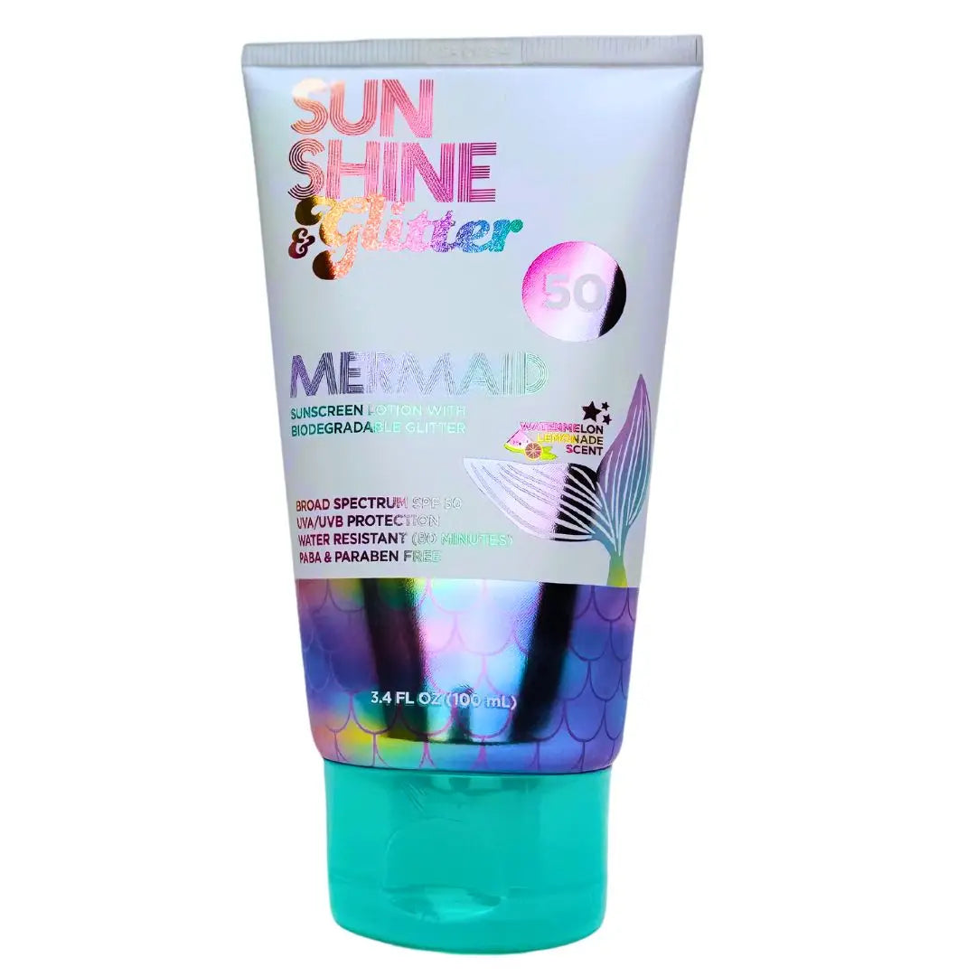 Sunshine & Glitter Mermaid Sunscreen Lotion with Glitter, showing a sleek tube with a mermaid design and glitter accents.