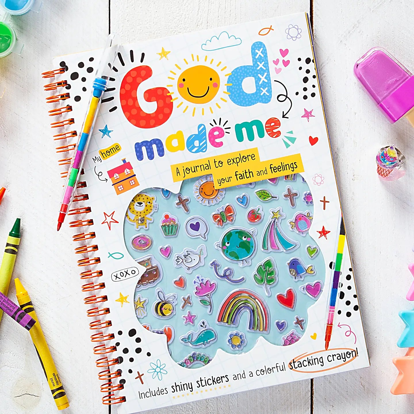 Kids' journal titled "God Made Me" by BroadStreet Publishing Group, LLC, featuring colorful cover with playful illustrations.