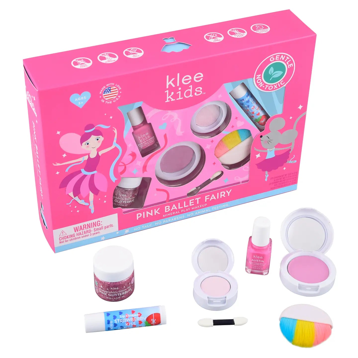 Pink Ballet Fairy Klee Kids Deluxe Play Makeup Kit with colorful makeup accessories and fairy-themed design for children.