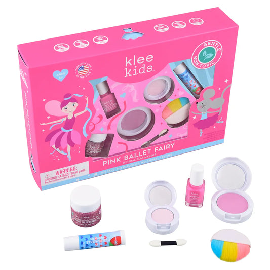Pink Ballet Fairy Klee Kids Deluxe Play Makeup Kit with colorful makeup accessories and fairy-themed design for children.