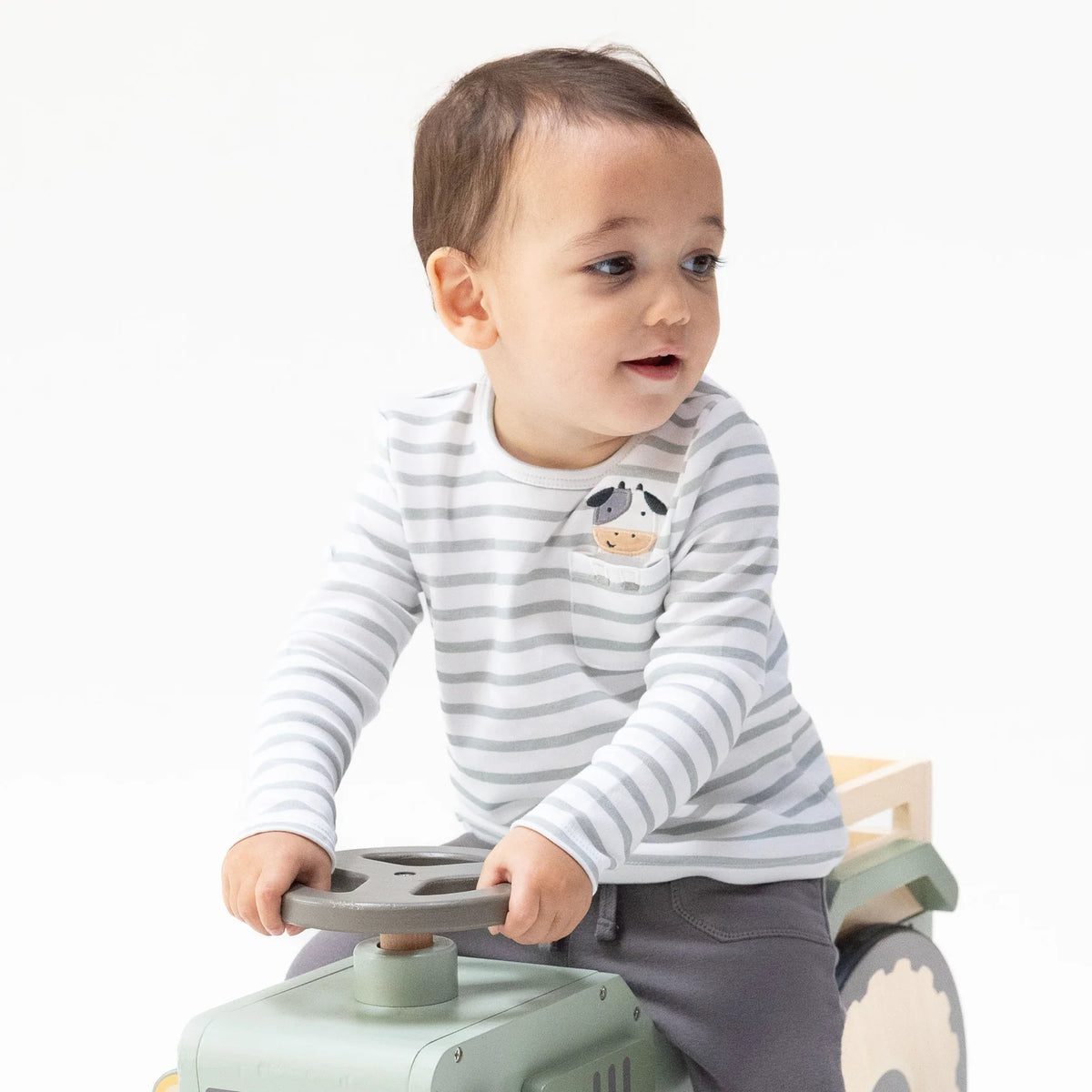Angel Dear cows pocket applique long sleeve shirt featuring a cute cow design and chest pocket, perfect for kids' casual wear.