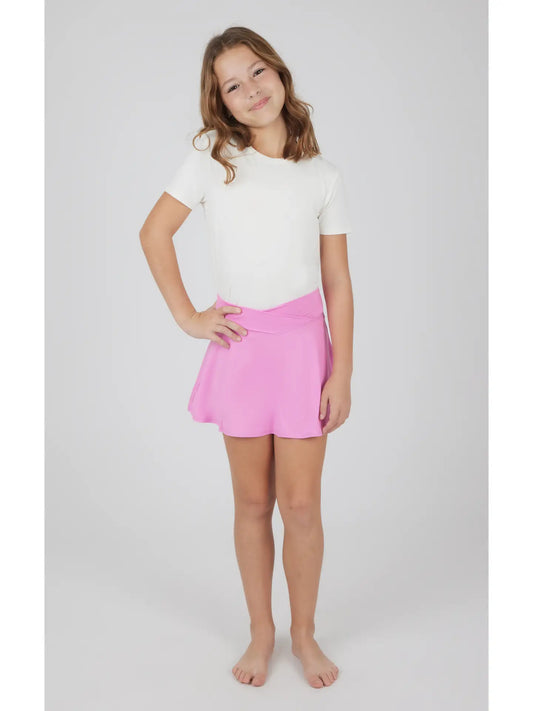 Girls tennis skort with crossover waistband from 90 Degree by Reflex, featuring a sporty jersey fabric and activewear style.