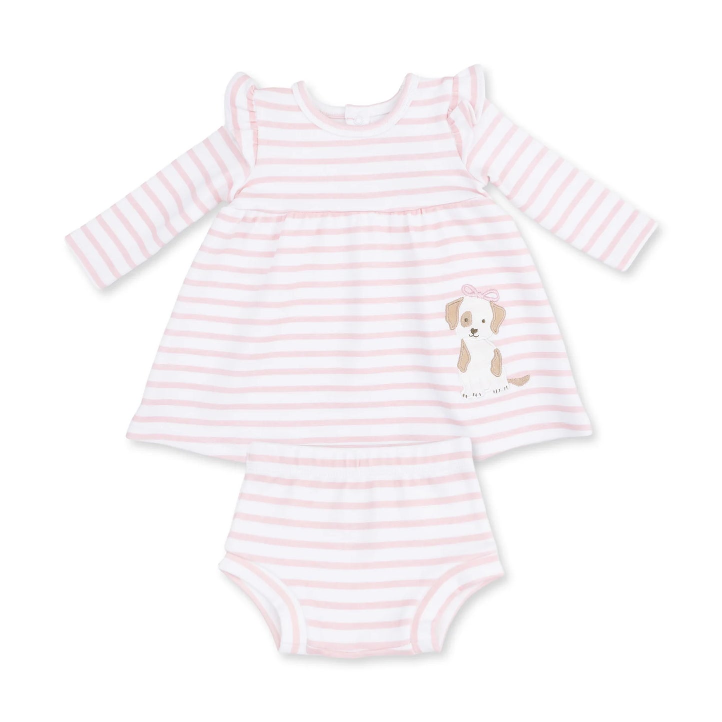 Angel Dear Stripe Puppy Dress for babies, featuring colorful striped fabric and cute puppy print, perfect for little ones.