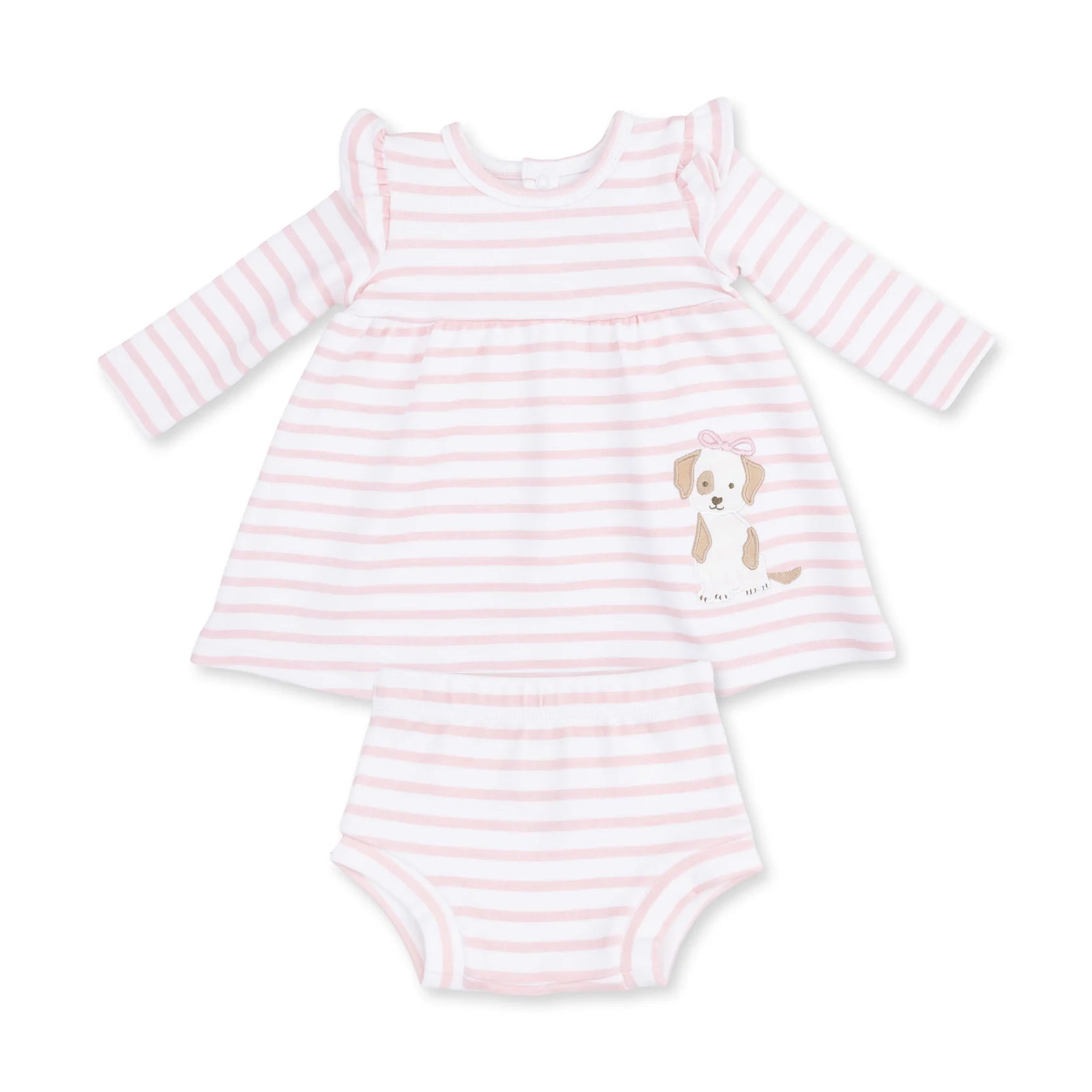Angel Dear Stripe Puppy Dress for babies, featuring colorful striped fabric and cute puppy print, perfect for little ones.
