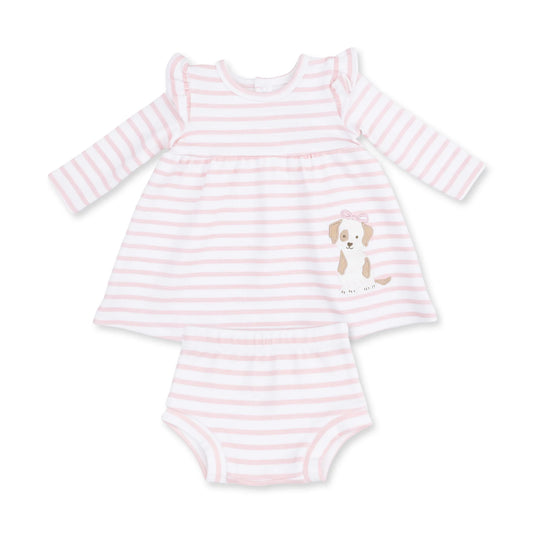 Angel Dear Stripe Puppy Dress for babies, featuring colorful striped fabric and cute puppy print, perfect for little ones.