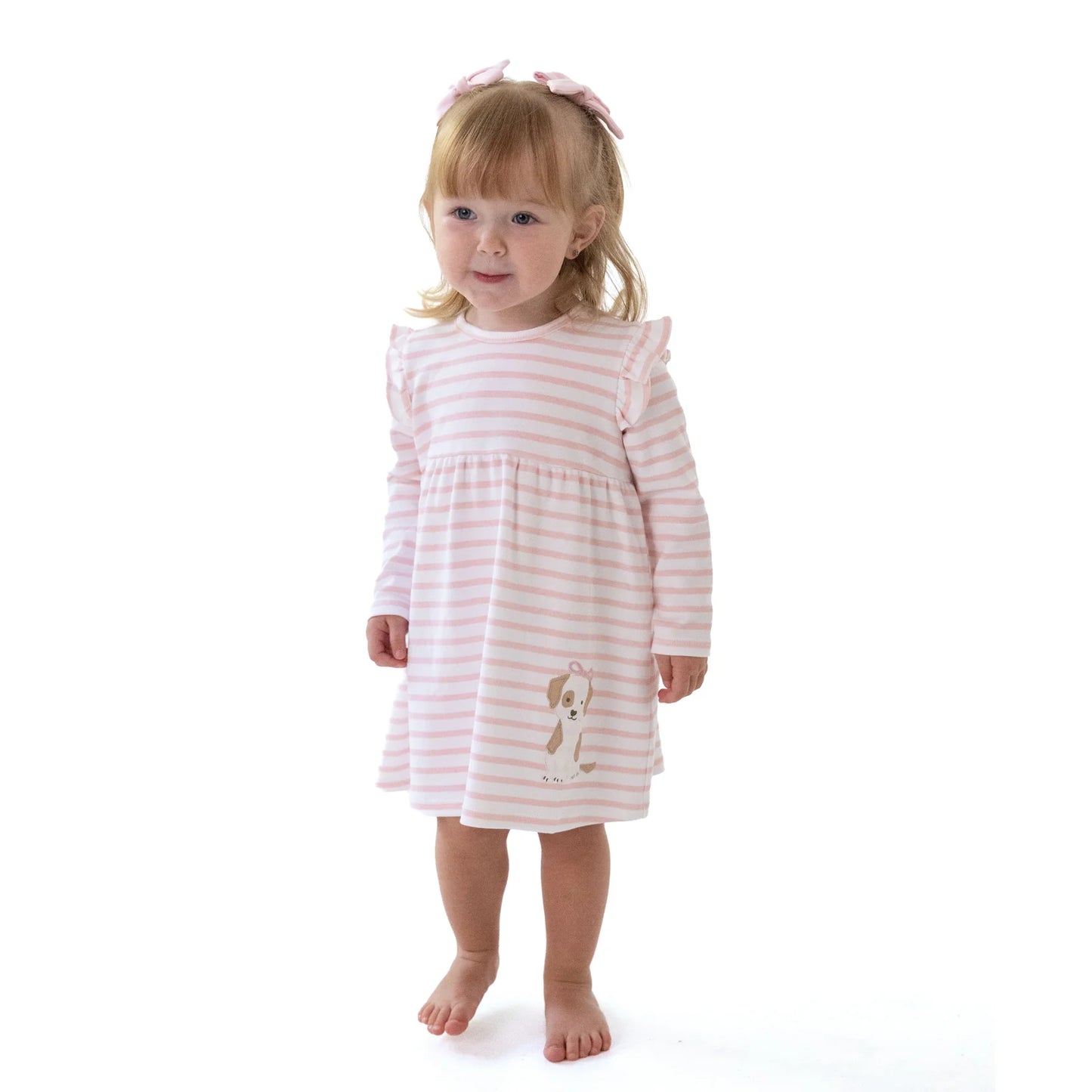 Angel Dear Stripe Puppy Dress for babies, featuring colorful striped fabric and a cute puppy design on the front.
