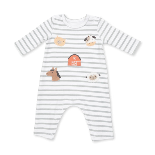 Blue long sleeve snap shoulder romper for babies by Angel Dear, featuring cows pattern and comfortable fabric.