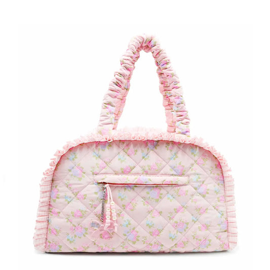 Pink Quilted Floral Printed Medium Duffle Bag