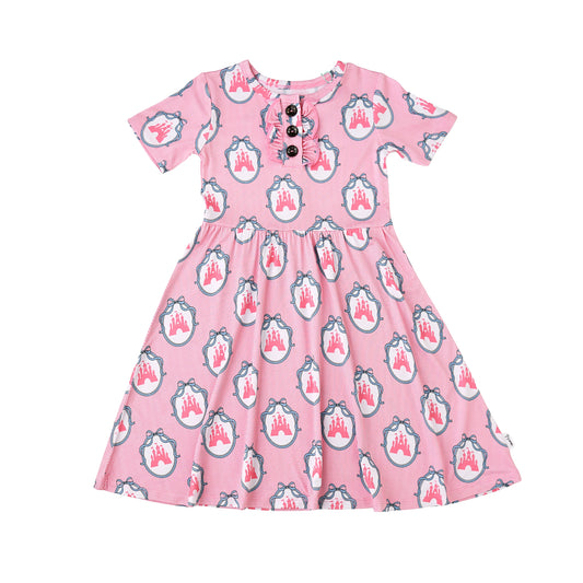 Gigi & Max Maeve Castles Twirl Dress for girls, featuring a colorful castle print and a playful, twirling skirt design.