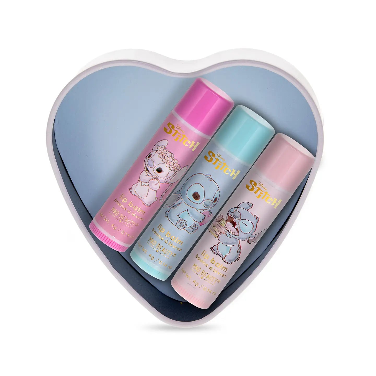 Mad Beauty I Heart Stitch lip balm in a cute, character-themed container with colorful packaging and cartoon stitch design.