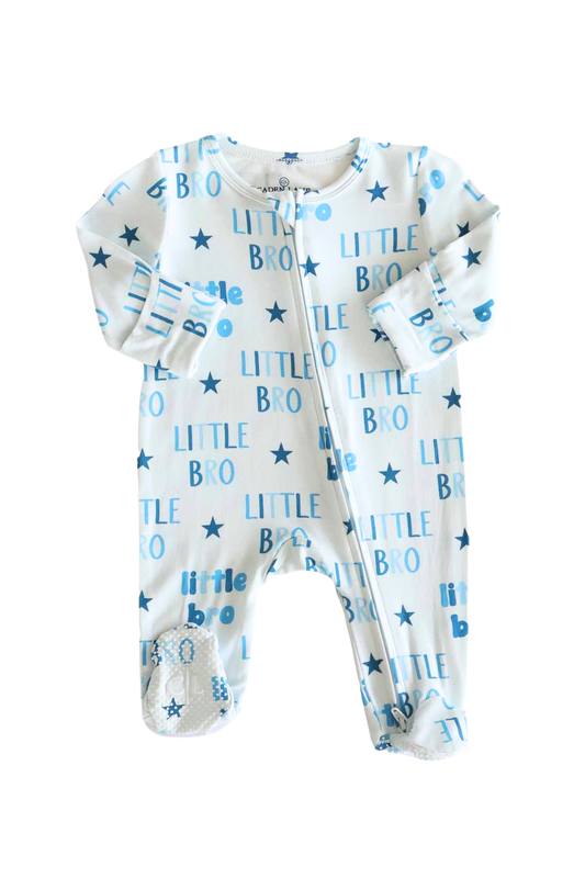 Caden Lane Little Bro Zipper Footie for babies, featuring a soft, cozy fabric with zipper closure and playful print design.