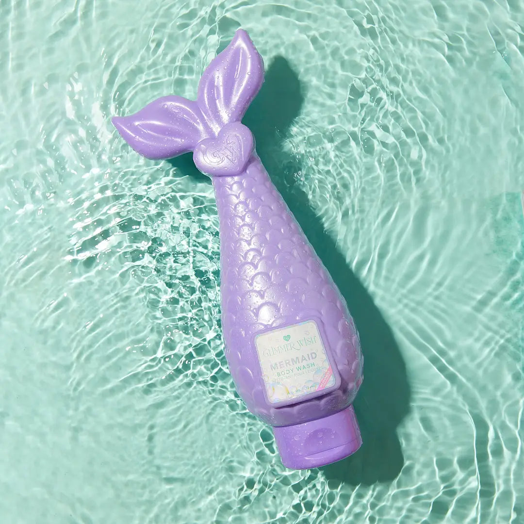 Mermaid-themed Sweet E's children's Glimmer Wish body wash with shimmering blue and purple packaging and a playful mermaid design.
