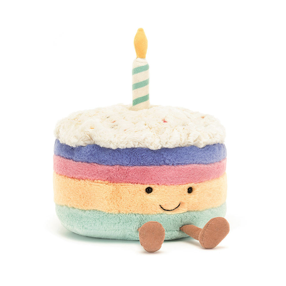 Jellycat Amuseables Rainbow Birthday Cake plush toy with colorful rainbow layers and cheerful design.