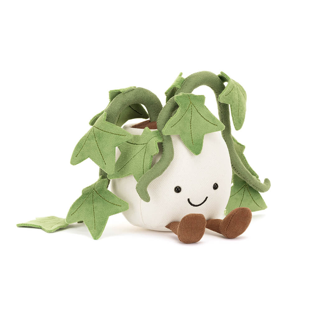 Soft plush Amuseables Ivy from Jellycat, featuring a cute green ivy leaf character with embroidered details.