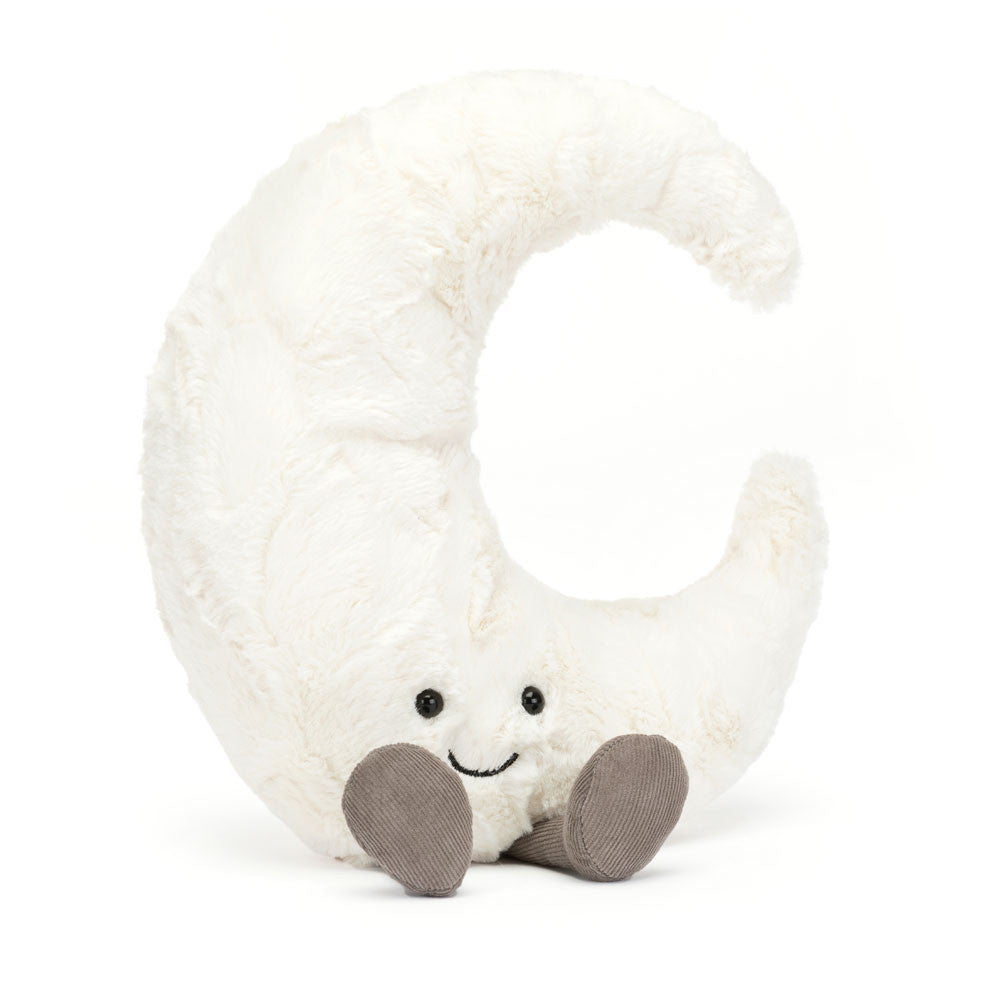 Soft plush Jellycat Amuseable Moon with a gentle smile and embroidered face, ideal for cuddling and decorative display.