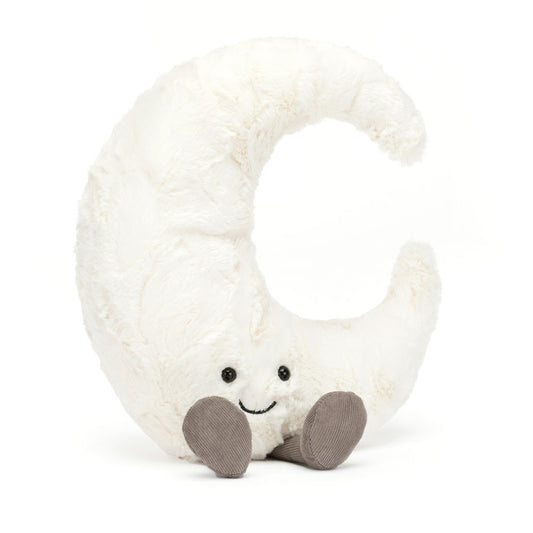 Soft plush Jellycat Amuseable Moon with a gentle smile and embroidered face, ideal for cuddling and decorative display.