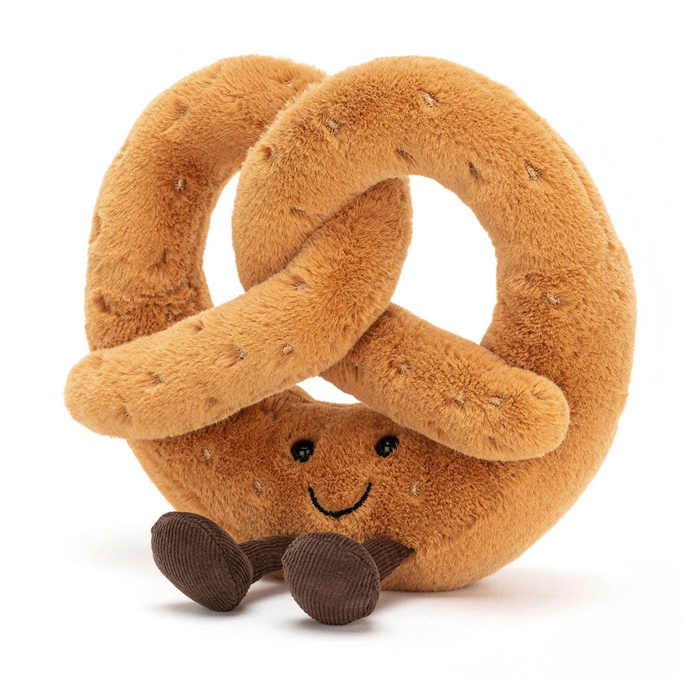 Soft plush Jellycat Amuseables Pretzel toy with a realistic pretzel shape and smiling face, perfect for cuddling and play.