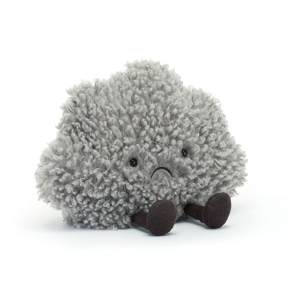 Soft Jellycat Amuseables Cirrus Storm Cloud plush toy with fluffy gray and white fabric, adorable and cuddly for kids.