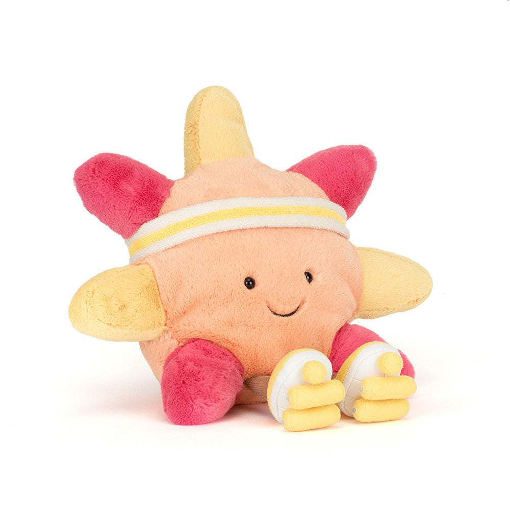 Jellycat Amuseables Sun roller skates plush toy with bright yellow sun design and colorful wheels, soft and playful for kids