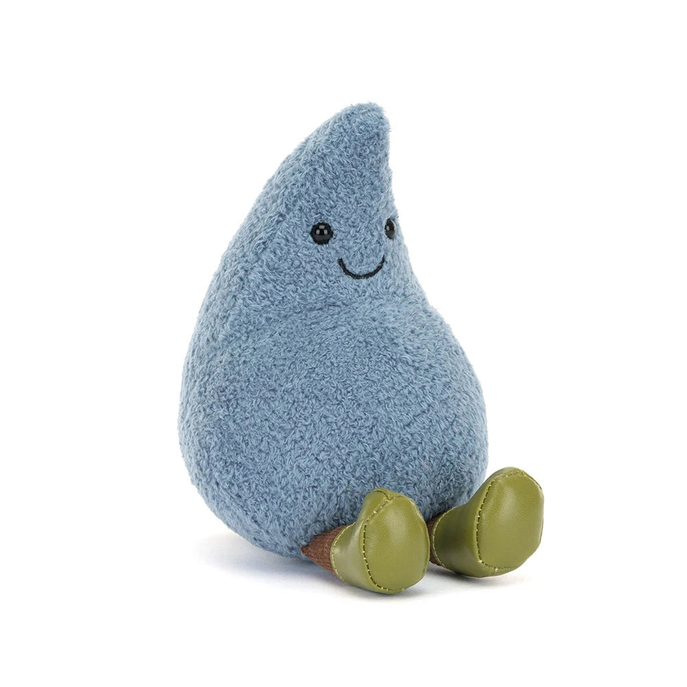 Soft, plush Jellycat Amuseables Happy Raindrop in light blue with a cheerful face and stitched details, perfect for cuddling.