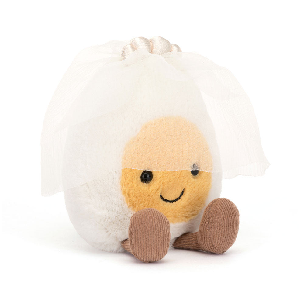 Soft plush Jellycat Amuseables Boiled Egg Bride toy with a cute egg-shaped body and wedding accessories, adorable and huggable.