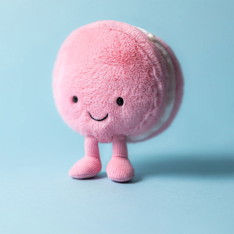 Jellycat Amuseables Mia Macaron plush toy with soft pink and green fabric, featuring a cute smiling face and playful design.