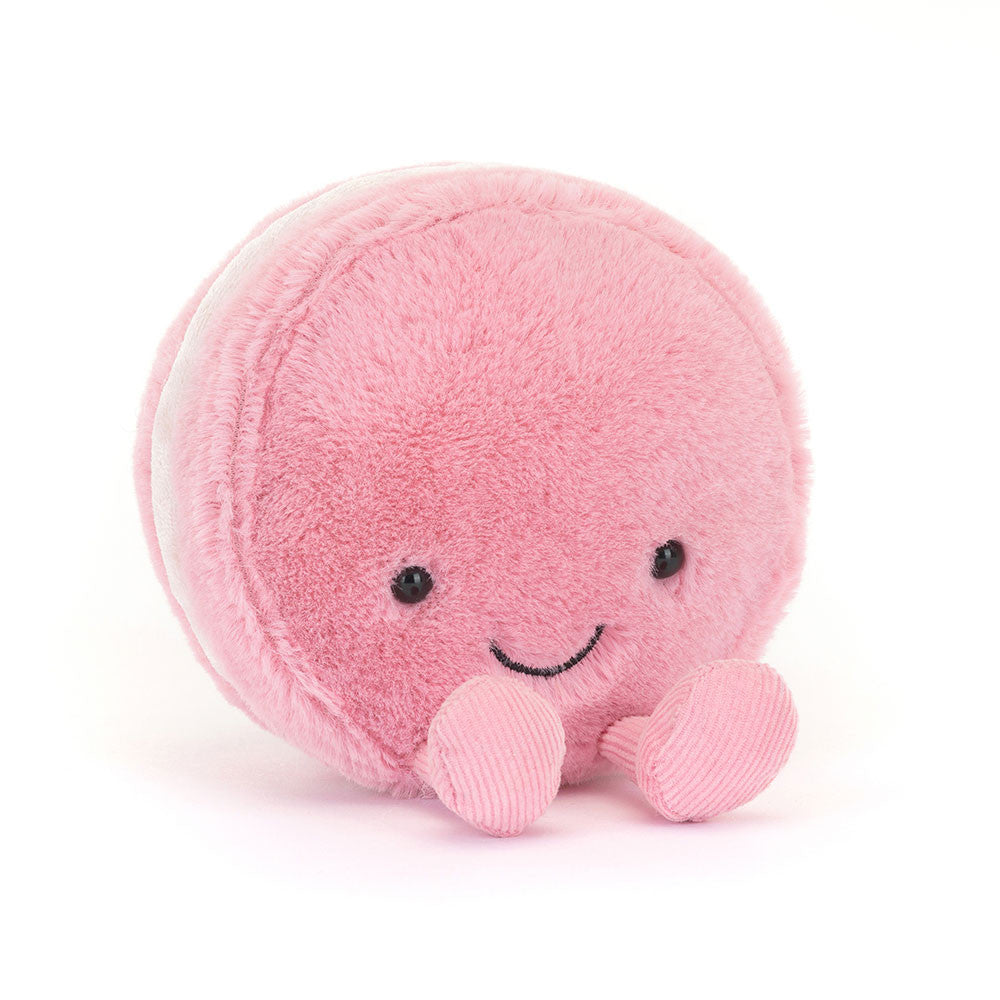 Soft Jellycat Amuseables Mia Macaron plush toy with pastel pink and green colors, featuring a cute, smiling face and fluffy texture.