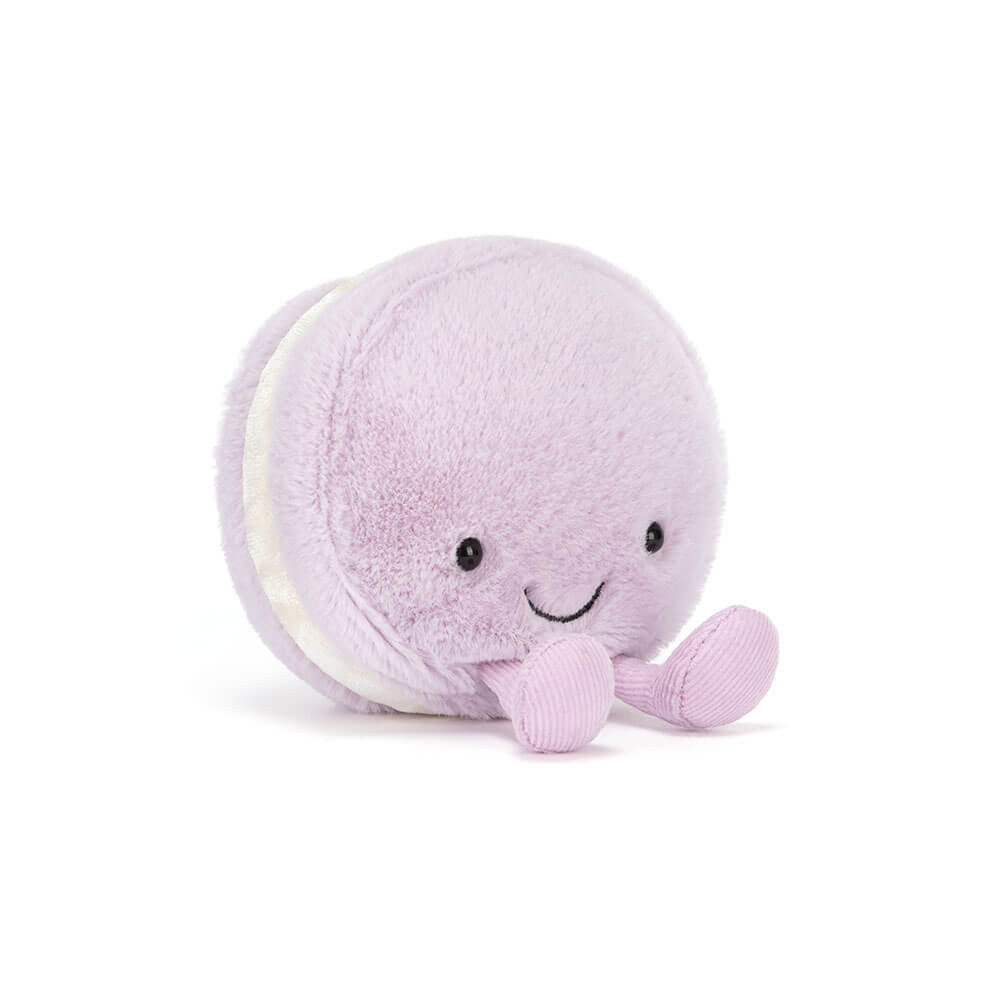 Soft Jellycat Amuseables May Macaron plush toy in pastel pink with detailed stitching, cute and cuddly for children.