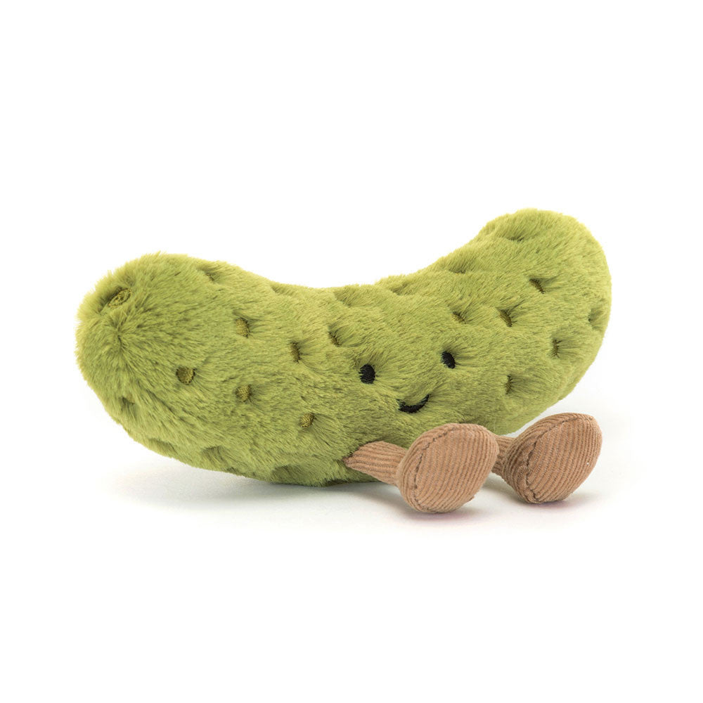Jellycat Amuseables Pickle plush toy with bright green fabric and playful, smiling face on a white background.